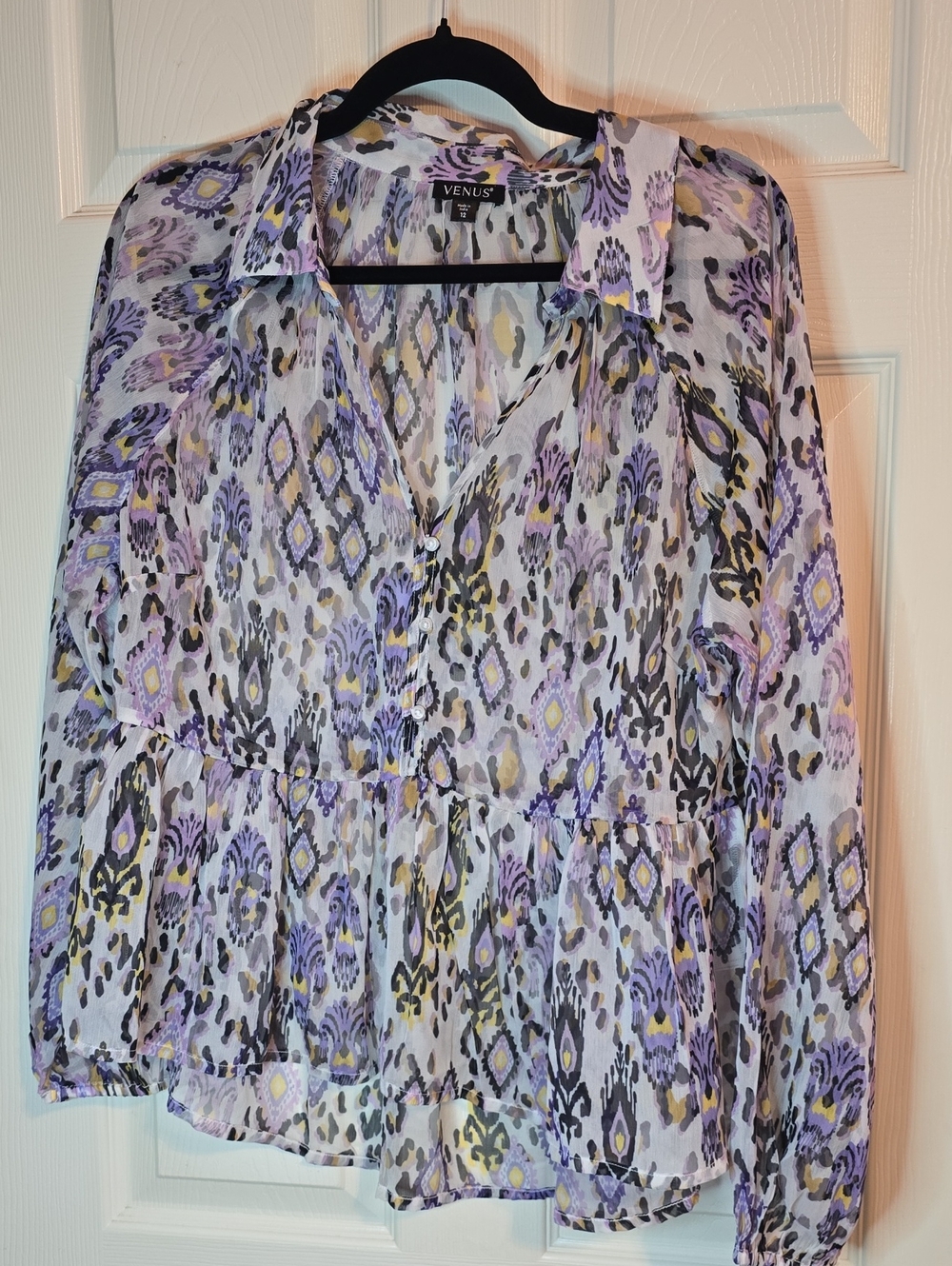 VENUS Lavender & Yellow Printed Sheer Button-Front Blouse